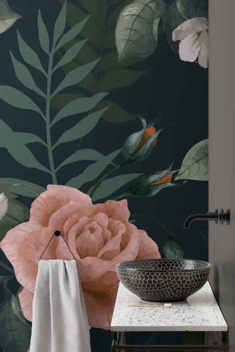 Mural Papel Pintado Flores Verdes y Rosas Fondo Oscuro
