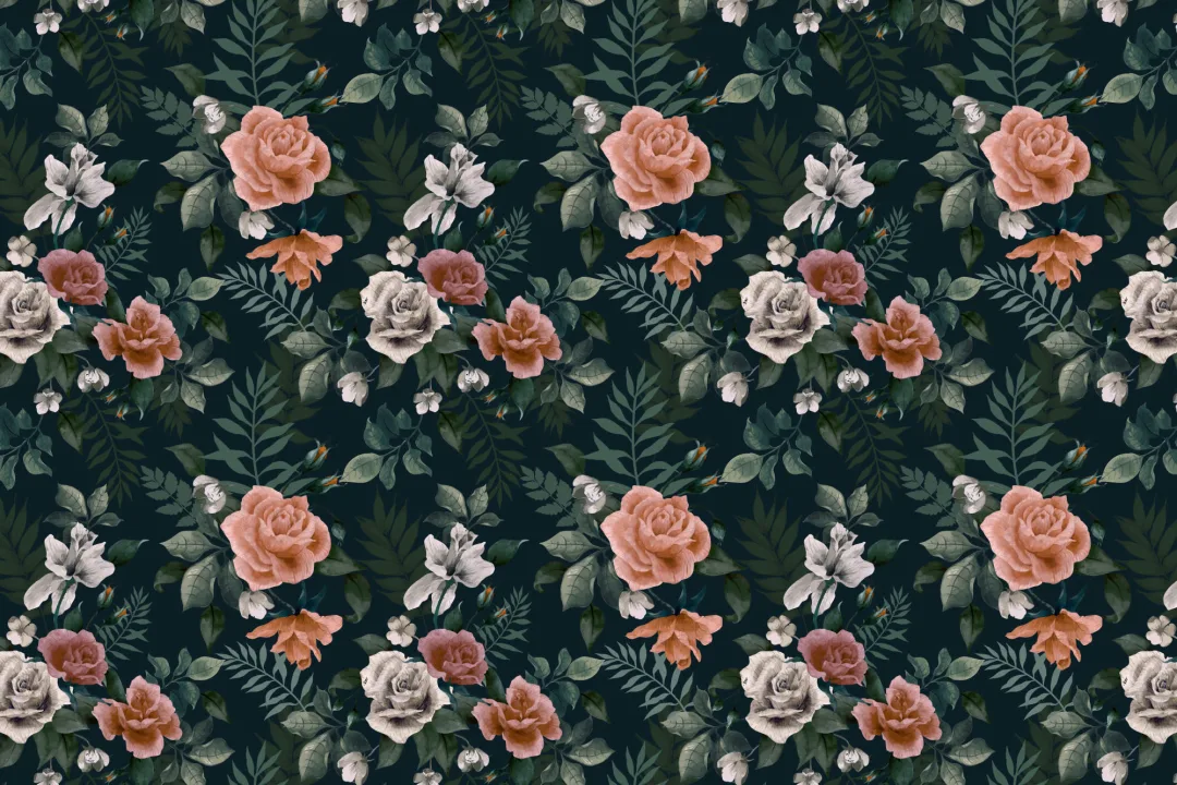 Papier Peint Panoramique Floral Vert Foncé et Rose