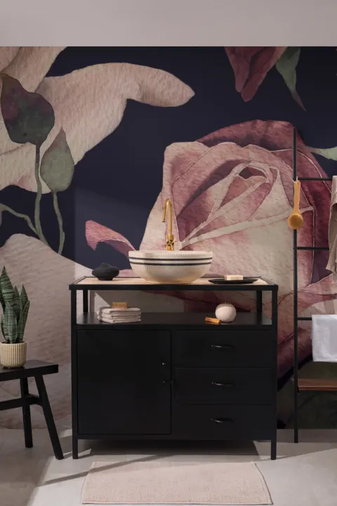Mural Papel Pintado Flores Acuarela Rosa Fondo Oscuro