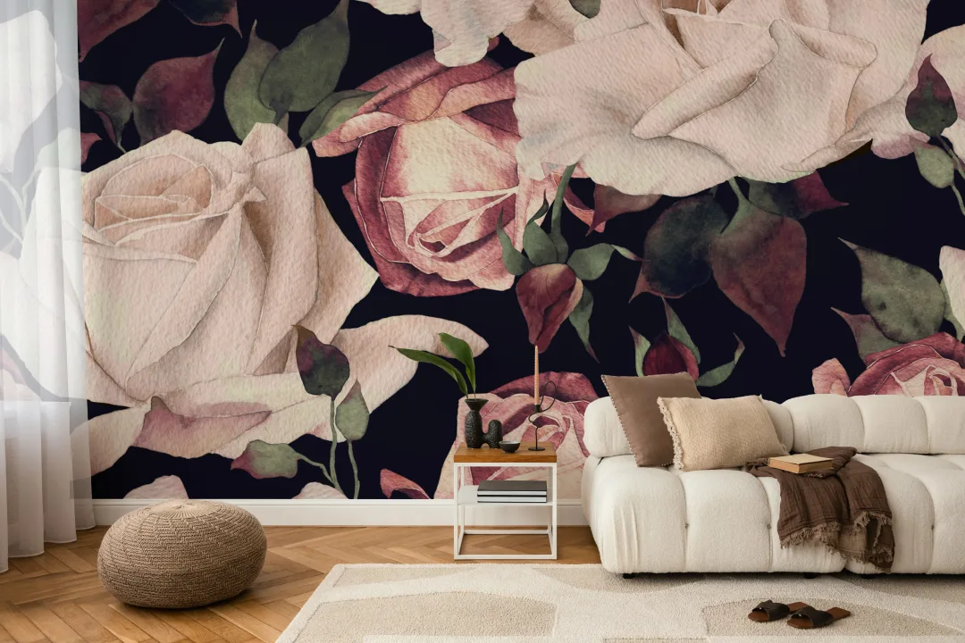 Papier Peint Panoramique Florale Aquarelle Rose