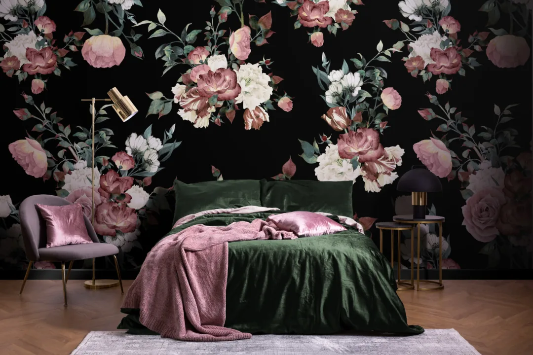 Papier peint panoramique vintage rose, crème et noir