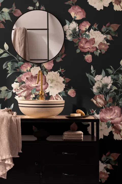 Mural de papel pintado vintage con motivos florales en rosa, crema y negro