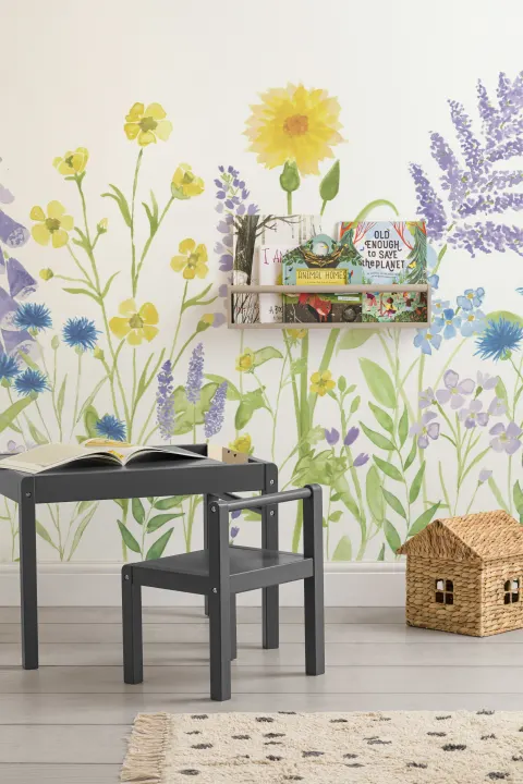 Mural Papel Pintado Flores Silvestres Amarillas y Lila en Acuarela