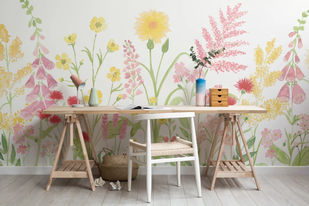 Bright Pink & Green Watercolor Wildflower Wallpaper Mural