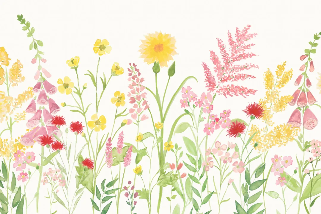 Bright Pink & Green Watercolor Wildflower Wallpaper Mural