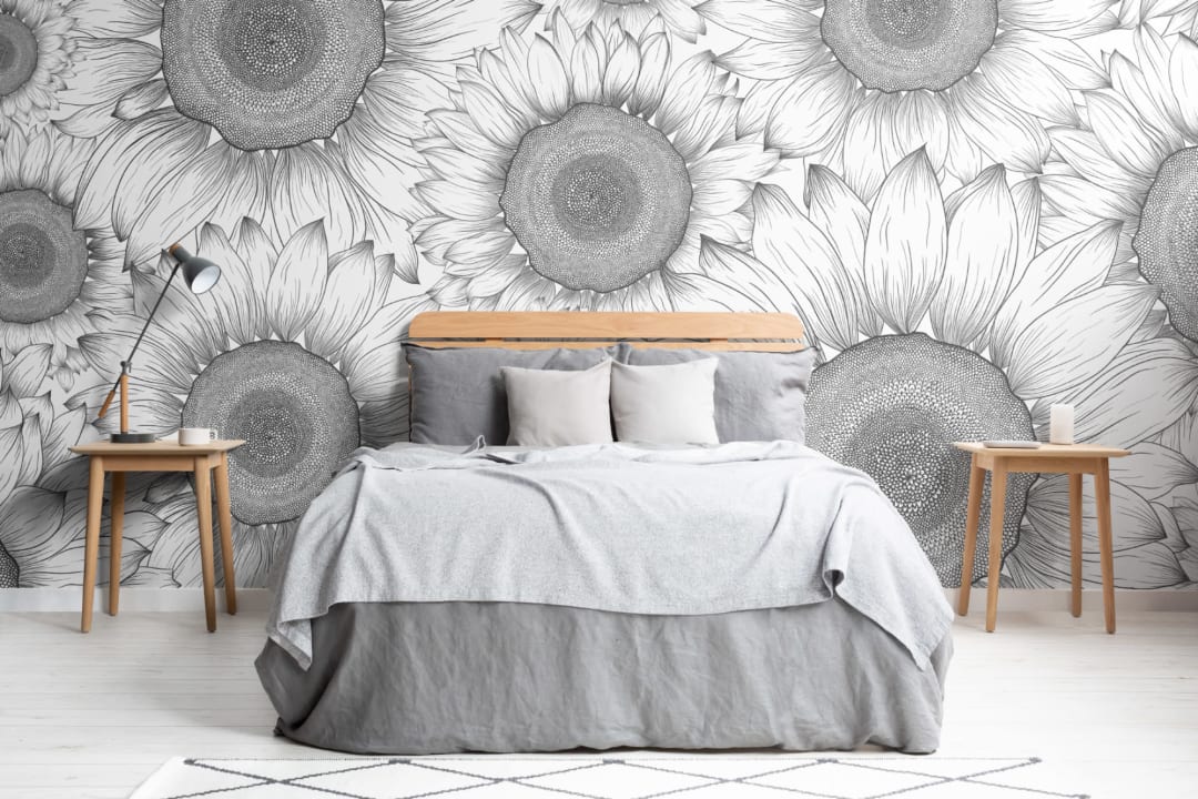 Mural Papel Pintado Ilustrado con Girasoles en Blanco y Negro