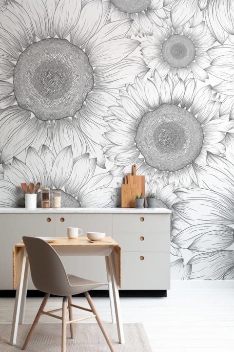 Mural de papel de parede floral de girassol ilustrado a preto e branco