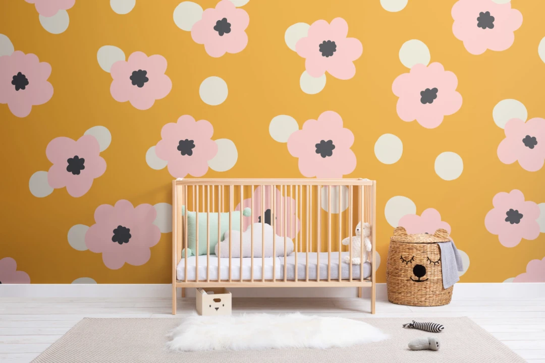 Mural Papel Pintado Amarillo con Flores Vintage Rosa