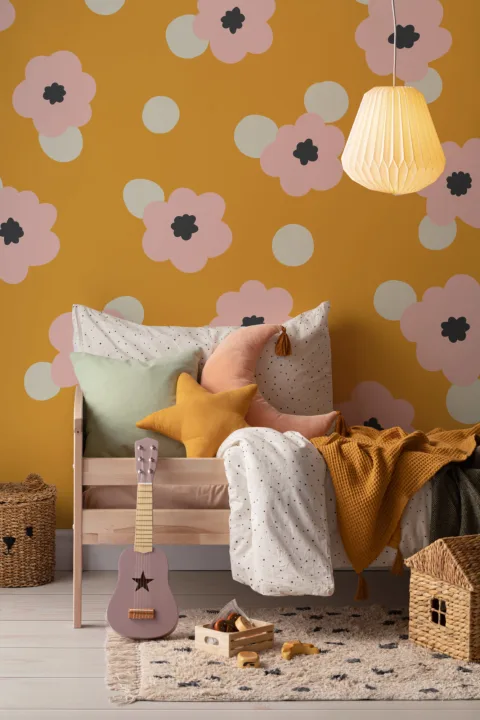 Yellow Polka Dot Retro Daisy Floral Wallpaper Mural