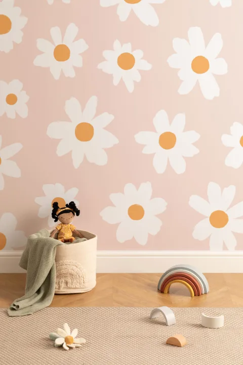 Fototapete Retro Gänseblümchen Blumenmotiv Pink-Weiß