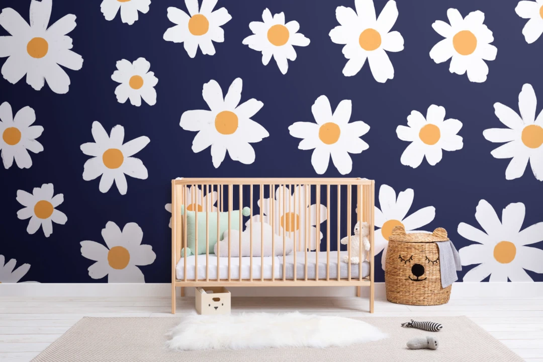 Blue & White Retro Daisy Floral Wallpaper Mural