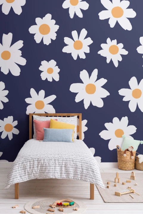 Blue & White Retro Daisy Floral Wallpaper Mural
