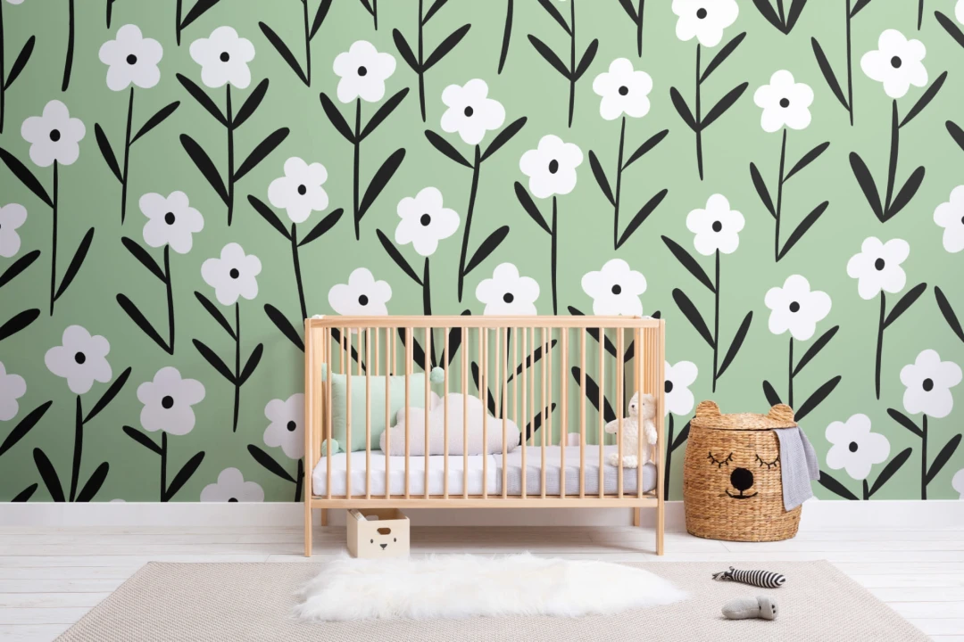 Mural Papel Pintado Verde con Flores Vintage Estilizadas