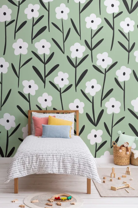 White & Green Retro Floral Wallpaper Mural