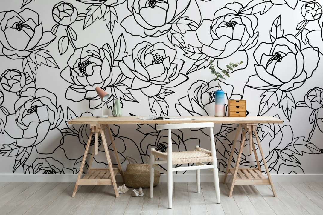 Mural Floral Minimalista en Blanco y Negro