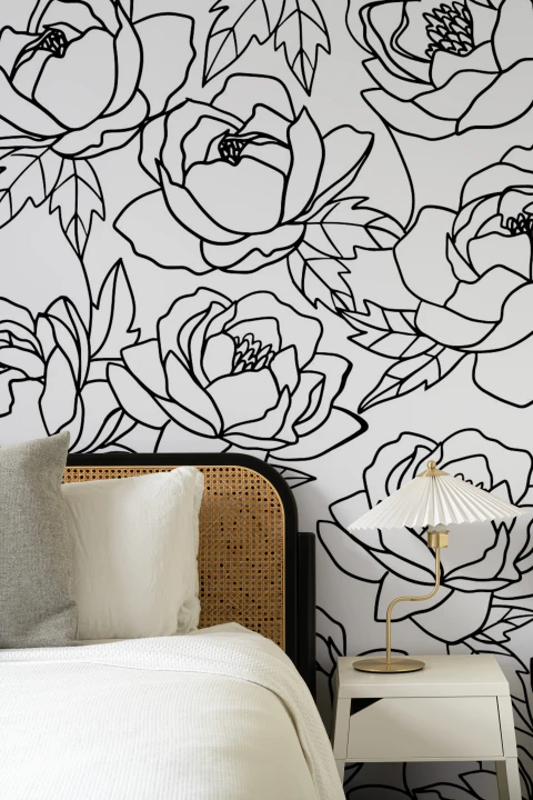 Black & White Line Drawing Floral Pattern Wallpaper Mural