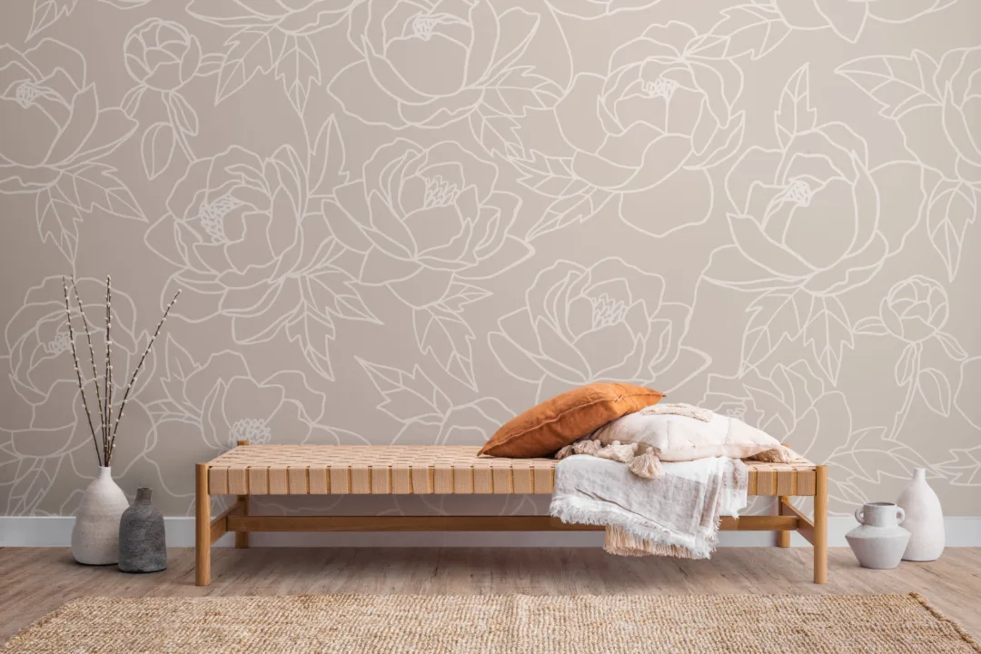 Neutral linje ritning blommönster fototapet