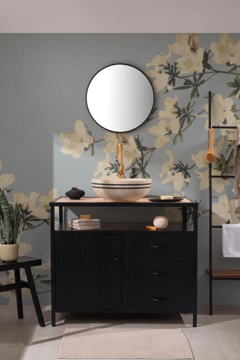 Mural Papel Pintado Japonés con Flores Vintage sobre Fondo Azul