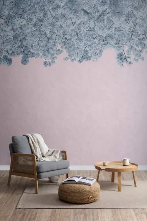 Niebiesko-różowa fototapeta z drzewem kwitnącej wiśni Sakura