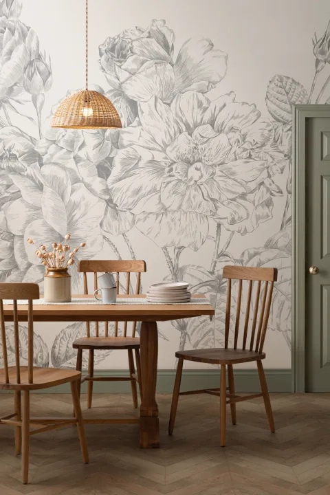 Gray Large Illustrated Roses Wallpaper Mural