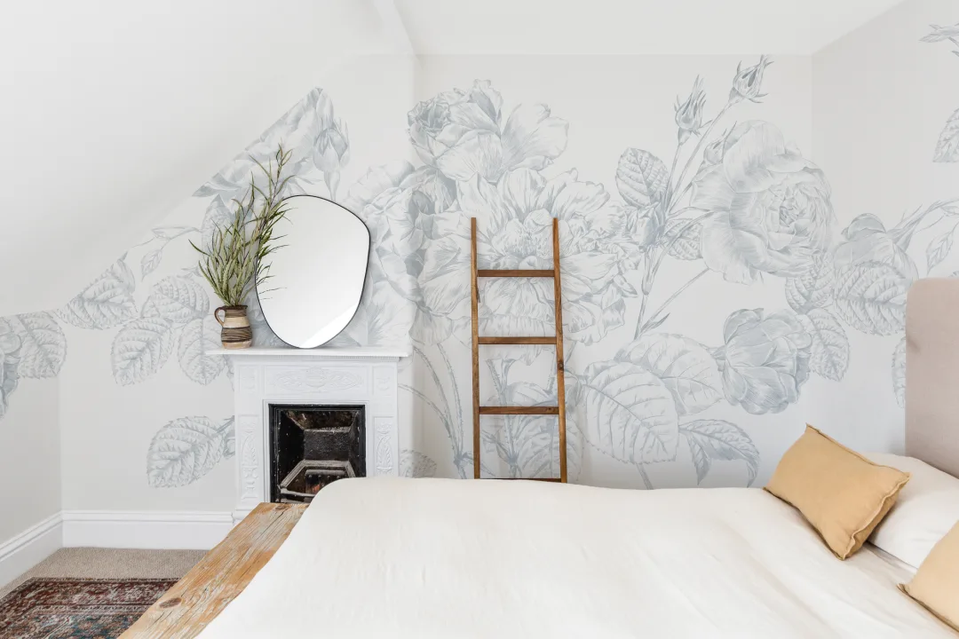 Blue Large Illustrated Roses Wallpaper Mural
