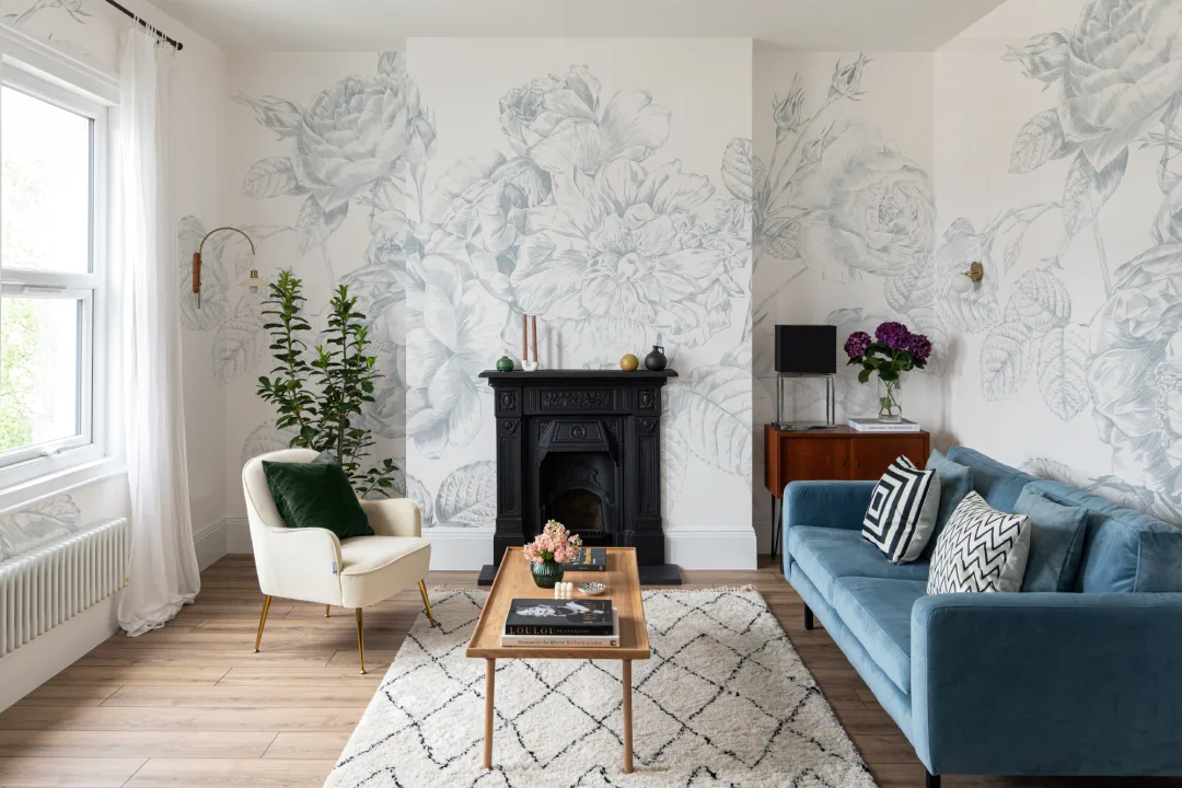 Blue Large Illustrated Roses Wallpaper Mural