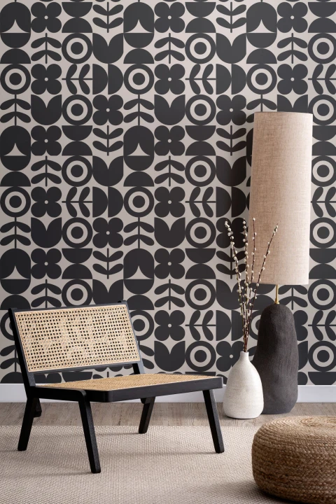 Papier Peint Rétro Blanc et Noir à Motifs Géométriques et Fleuris
