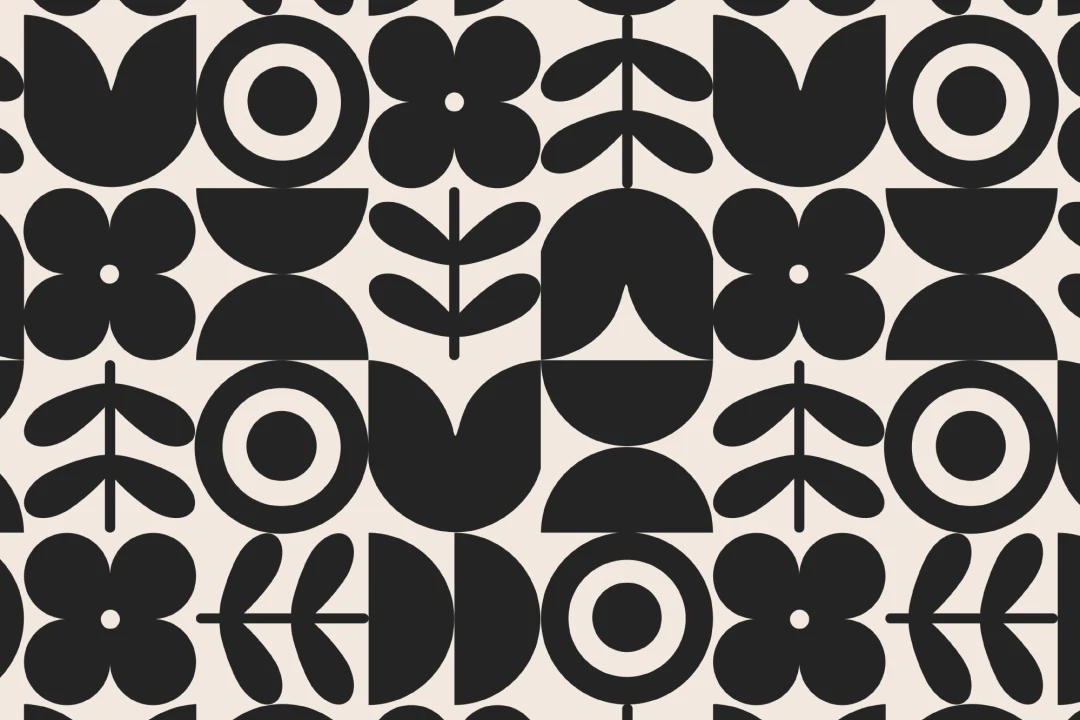 Papier Peint Rétro Blanc et Noir à Motifs Géométriques et Fleuris