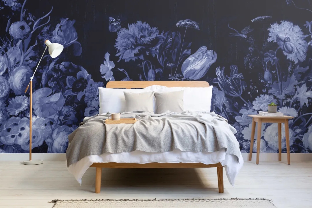Blue Delft Dark Floral Art Painting Wallpaper Mural
