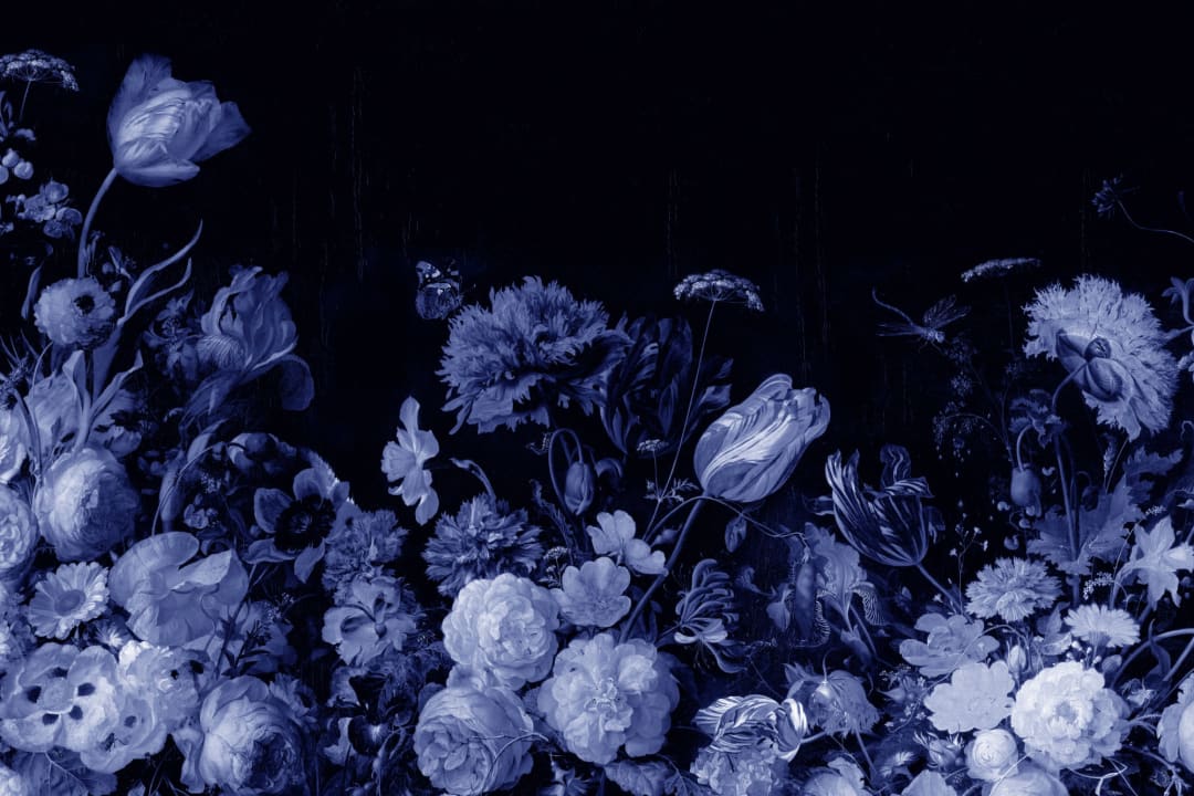 Blue Delft Dark Floral Art Painting Wallpaper Mural