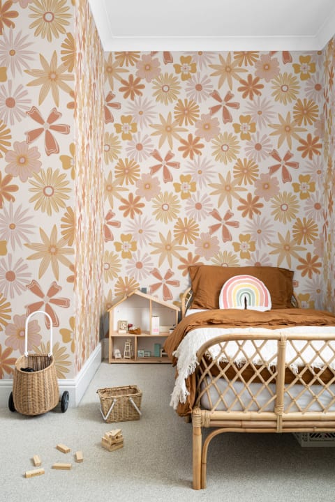 Orange Retro 70s Floral Repeat Pattern Wallpaper