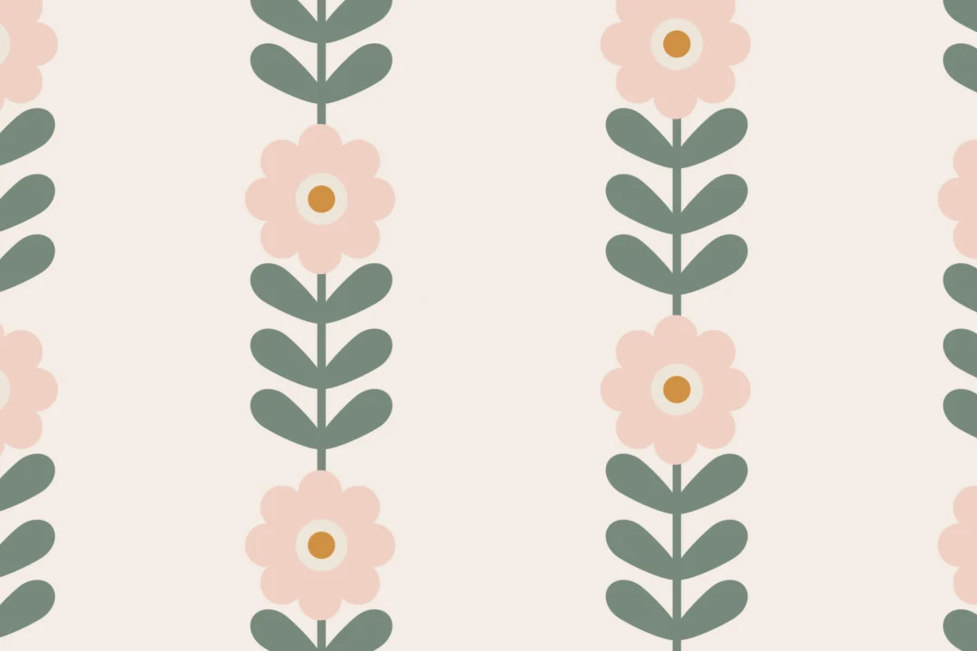 Carta da Parati Retrò con Motivo Floreale di Margherite in Rosa e Verde