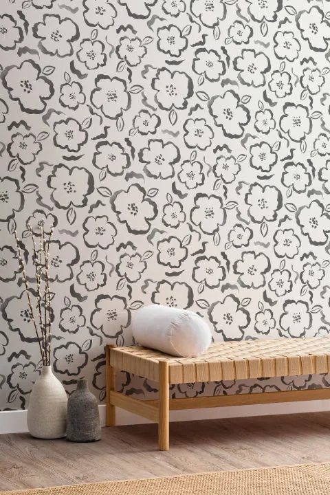 Papel Pintado Blanco y Negro con Patrón Floral a la Acuarela