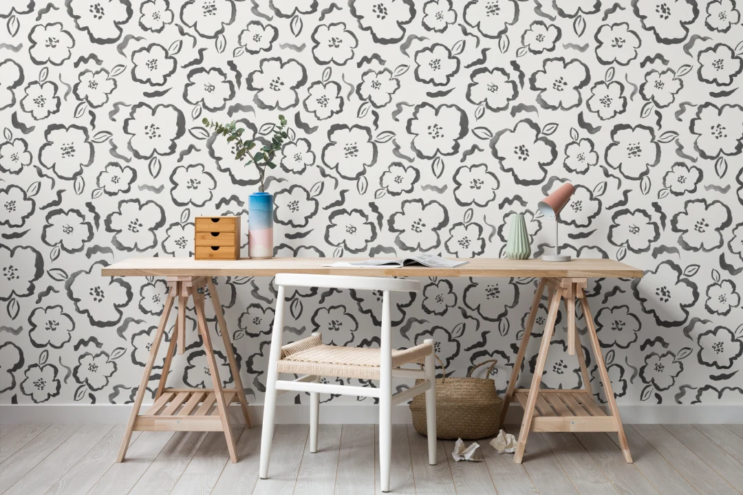 Papel Pintado Blanco y Negro con Patrón Floral a la Acuarela