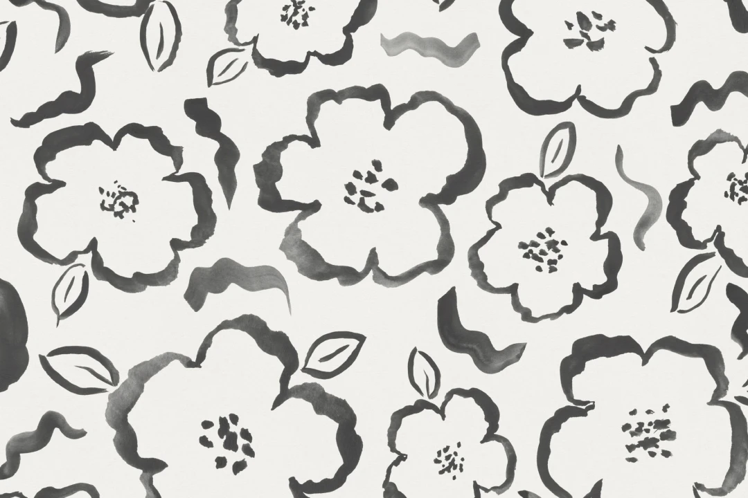 Papel Pintado Blanco y Negro con Patrón Floral a la Acuarela