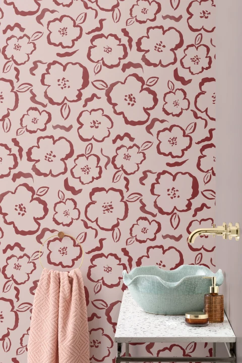 Papel Pintado Rosa y Rojo con Patrón Floral a la Acuarela
