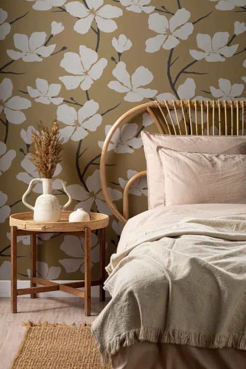 White and Mustard Illustrated Blossom Repeat Pattern Wallpaper
