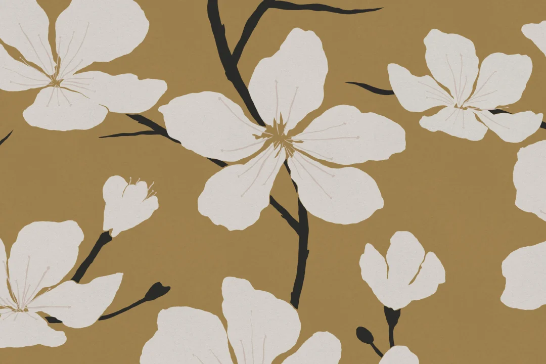 White and Mustard Illustrated Blossom Repeat Pattern Wallpaper