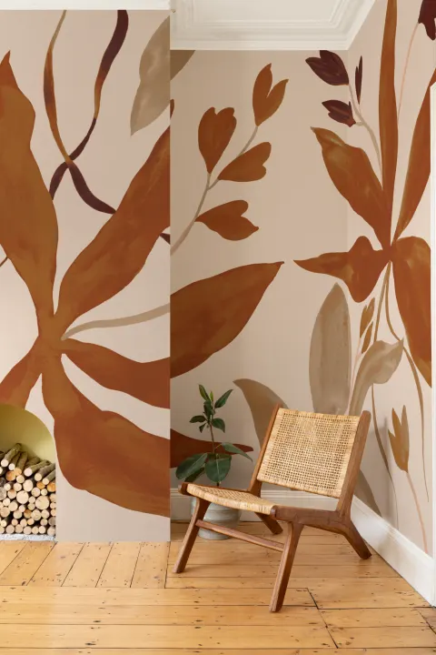 Orange Botanical Art Deco Mural For Relaxed Chic Vibe