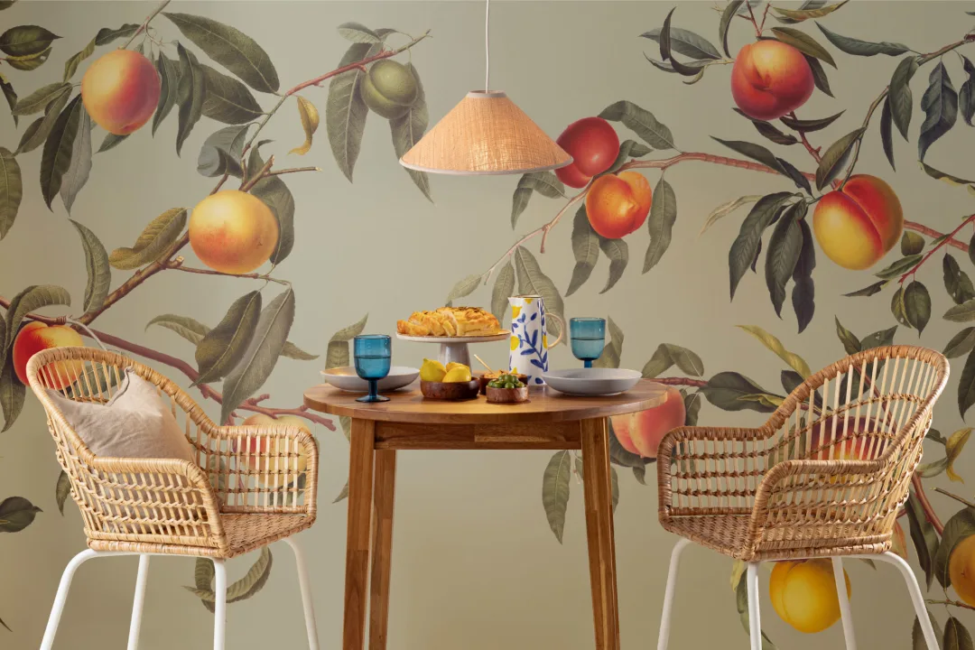 Vintage Green Botanical Peach Tree Wallpaper Mural