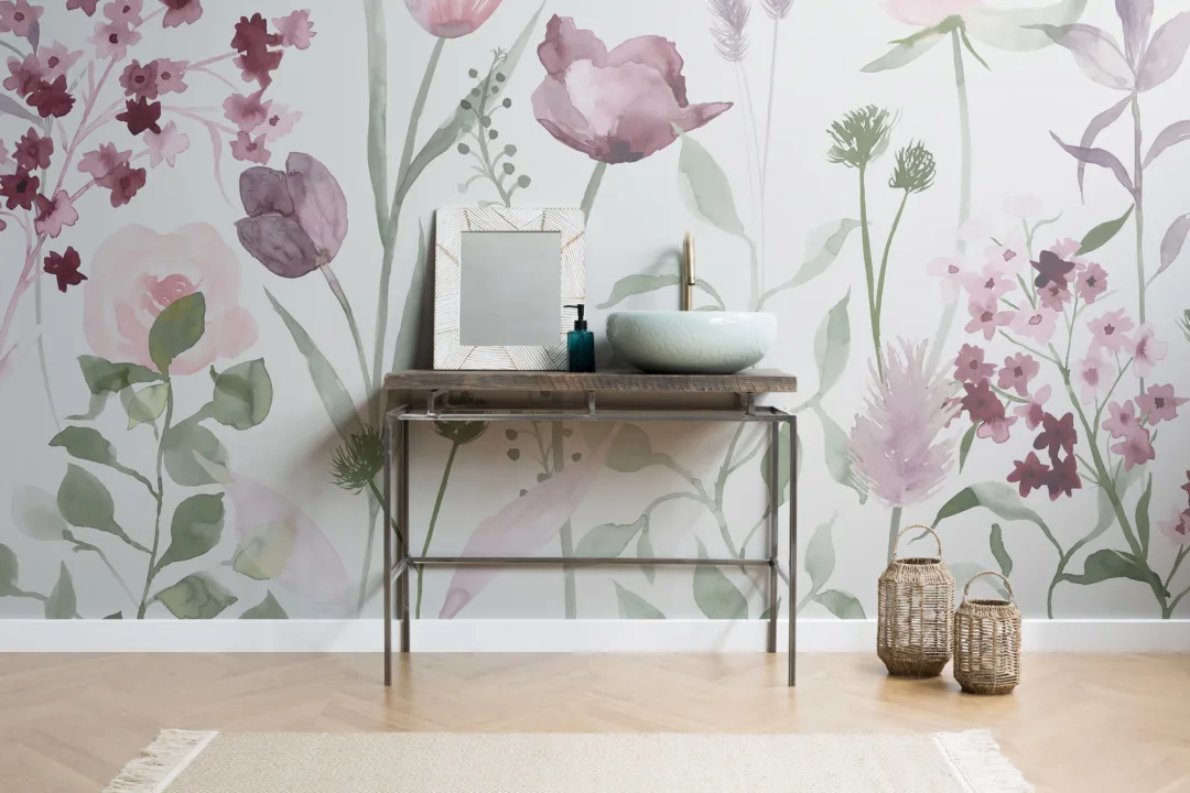 Mare roz și violet acuarelă flori Wallpaper Mural