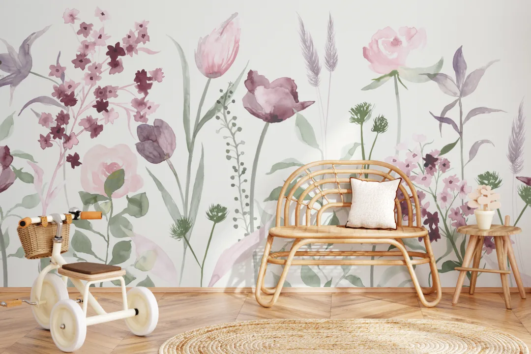 Large Pink and Purple Watercolor Flowers Wallpaper Mural