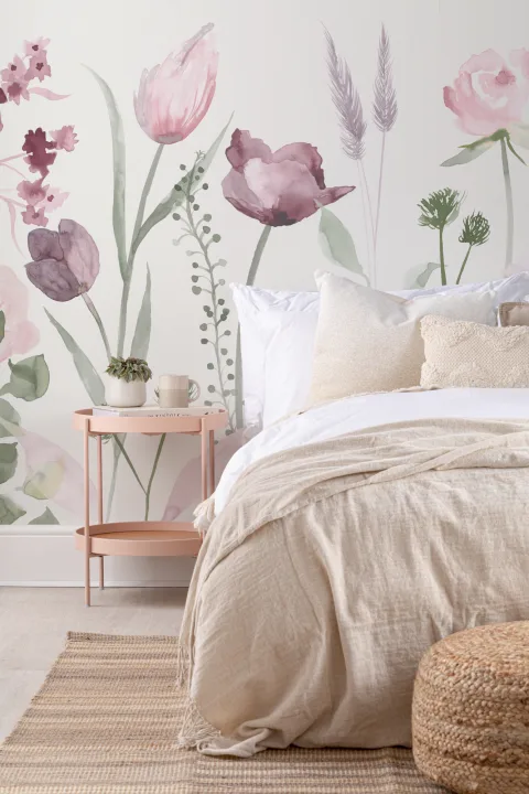 Mare roz și violet acuarelă flori Wallpaper Mural