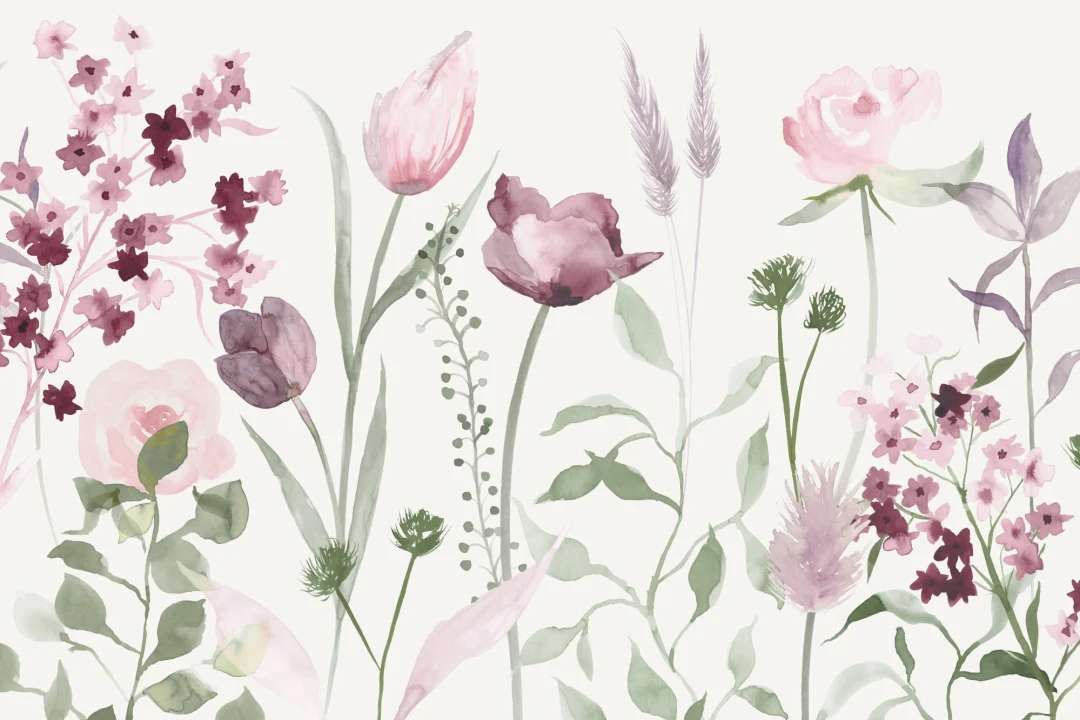 Mare roz și violet acuarelă flori Wallpaper Mural
