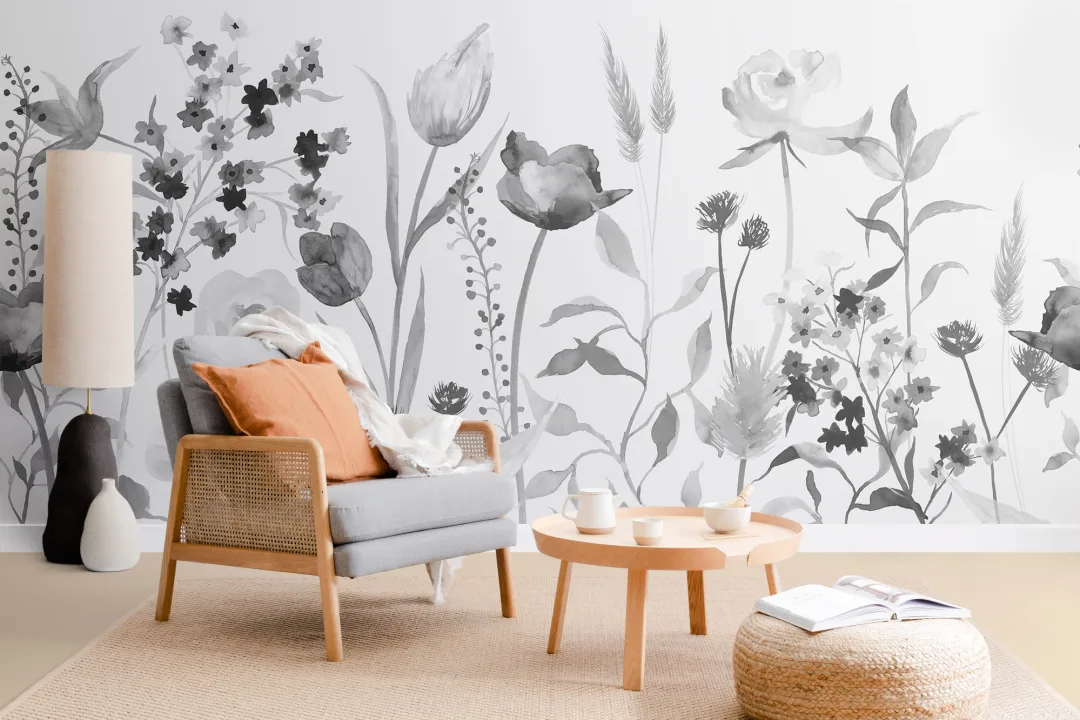 Stor grå akvarell blomster fototapet