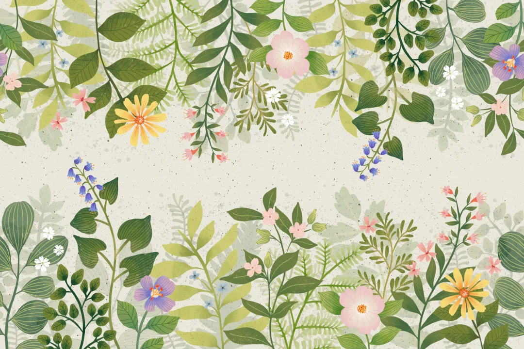 Papel Pintado Botánico Verde con Hojas y Flores