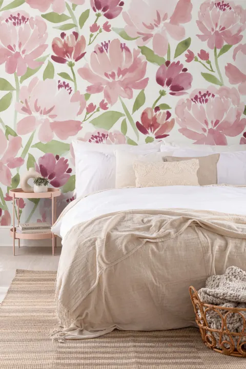 Vaaleanpunainen akvarelli Peonies seinäseinämaalaus