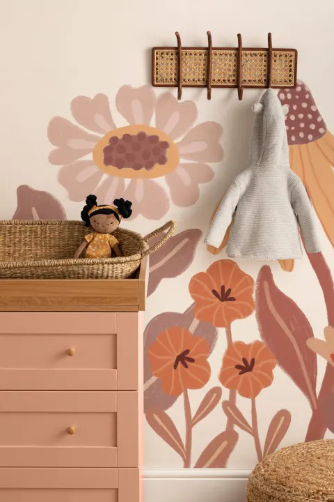 Orange Kids Retro Skandinavisk Blomster fototapet