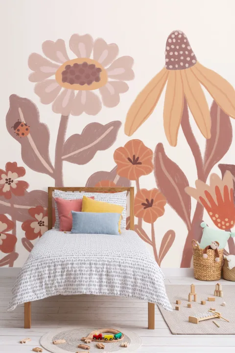 Orange Kids Retro Scandinavian Flowers Mural