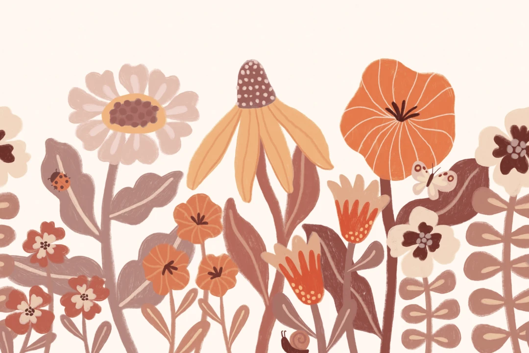 Orange Kids Retro Skandinavisk Blomster fototapet